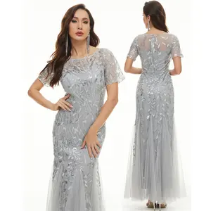 Plus size European and American High Quality Sequin Luxury Evening Party Dress Embroidered Mesh Slim Fishtail Cocktail Dress
