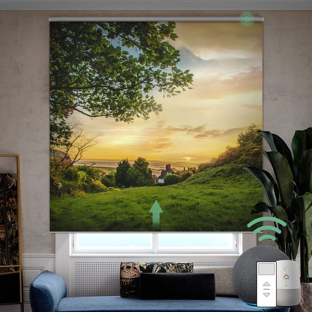 Customized Blinds with Printed Logos, Portrait Photos, and Beautiful Shading Effects Painted Through Landscape Roller Blinds
