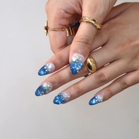Ongles à presser en acrylique certifiés personnalisables, motif delfin, coquillage, étoile de mer, amande, dégradé bleu-blanc nacré, thème Océan d'été