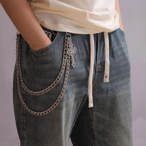 Dark <b>Pentagram</b> Cross Pendant Double Chain Metal Pants Chain Retro Gothic Style Hip Hop Punk Casual Waist Chain Tibetan Silver - Product Image 1