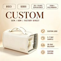 Sac de maquillage élégant à grande capacité avec logo personnalisé, ouverture plate, organisateur de cosmétiques en PU, compartiment transparent, vente en gros, usine OEM