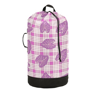 Panier à linge portable de grande taille avec motif Hawaï Pink Palaka, sac à dos à linge imprimé Aloha Kalo avec bretelles - Product Image 1