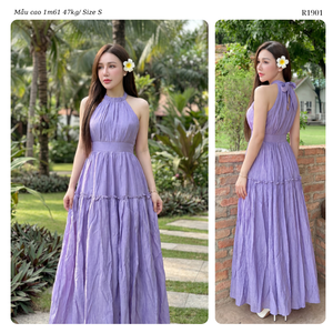 Boho Magenta Pink Textured Chiffon <b>Long</b> Dress Women Backless Tie Neck High Rise A Line Vacation Resort <b>Sundresses</b> - Product Image 2