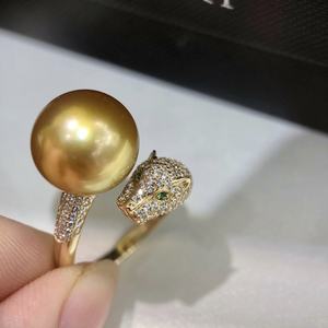 Bague Kajia Tête de Léopard en Argent 925 avec Incrustation de Zircon Exquis et Perle d'Or Naturelle 13-12mm, Motif Géométrique Basique en Or Épais, Taille Turquoise - Product Image 2