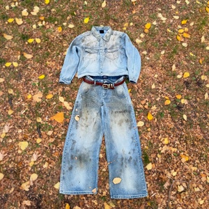 Clothing Custom High Quality Denim Jacket and Jeans <b>Pants</b> 2 Piece Set Hand Painted Vintage Wash Distressed Jeans Denim Set Men - Product Image 1