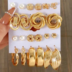 Vintage Pearl Earrings Set Metal Gold Color Dangle Earrings Heart Butterfly Hoop Earrings Geometric Fashion Jewelry N2302162