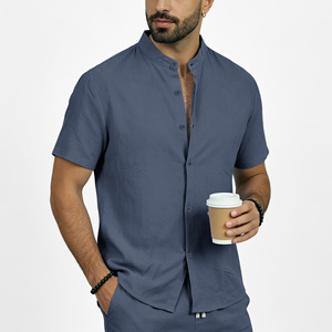 Men's Linen Stand Collar <b>Short</b> <b>Sleeve</b> <b>Shirt</b> Solid Color Casual <b>Button</b> <b>Up</b> Top Breathable Summer Wear - Product Image 2