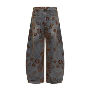 Jeans rétro personnalisés en jacquard floqué brodé 100% coton, jeans amples à fleurs délavés pour hommes, style Y2K, qualité supérieure, coupe large. - Product Image 3