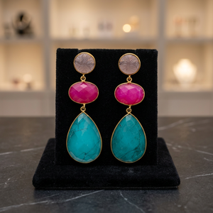 Boucles d'oreilles clous en laiton faites à la main avec pierres précieuses, plaquées rhodium, style ethnique, unisexe, mode bohème - Product Image 2
