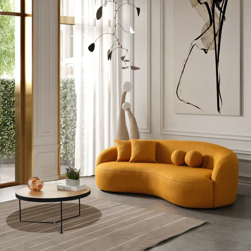 New Design Luxury Oak Frame Velvet Curved Loveseat Living Room Wedding Event Rental French Boucle Curved Sofa