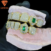 Grillz personnalisés à découpe profonde avec incrustation nid d'abeille, Moissanite VVS et pierres baguette vertes, en argent 925, style Hiphop Iced Out
