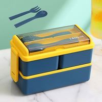 Boîte à lunch en plastique à double couche de grande capacité de 1400 ml avec couverts, pour le bureau, l'école, le petit-déjeuner, le pique-nique, portable