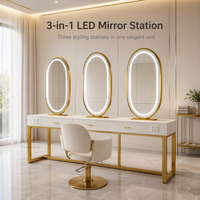 Miroir de salon multi-stations LED ovale rétroéclairé avec commande tactile, poste de coiffure 3 places, finition blanc doré avec tiroirs