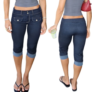 กางเกงคาปรีผู้หญิงทรงเอวต่ำ ระบายอากาศได้ดี ผ้าถัก ยืดหยุ่น สวมใส่สบาย สีพื้น สำหรับฤดูร้อน สไตล์ Y2K - Product Image 1