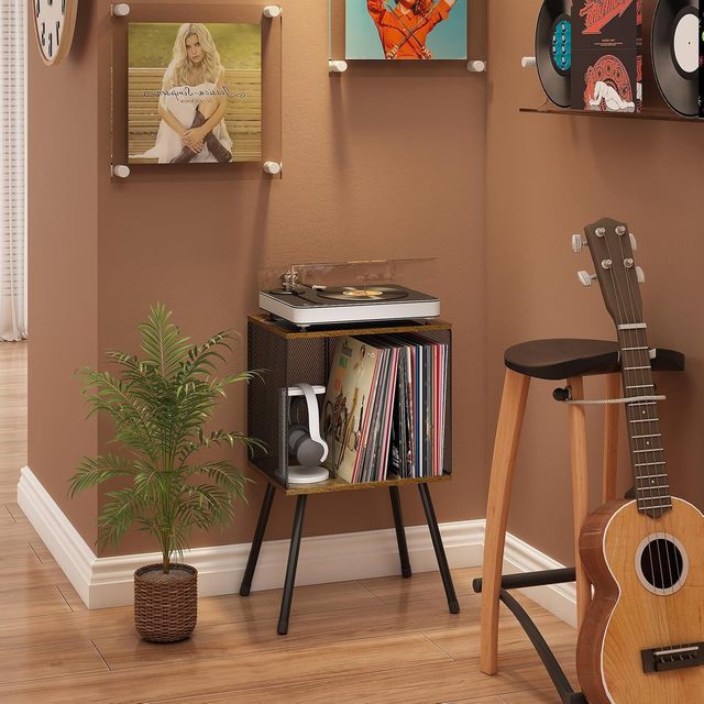 Vinyl Record Storage Rack Metal Mesh Side Table Turntable Stand for Living Room Bedroom Music Corner Organizer