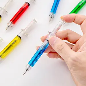 Kustom logo syringe pen novelty injeksi bentuk pulpen syringe dengan cairan untuk promosi