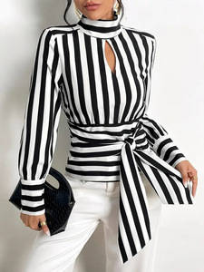 Baju Wanita Ukuran Besar Yuhong Wholesale Fashion, Kemeja Bergaris Hitam Putih Lengan Panjang, Kemeja Elegan, Blus Wanita - Product Image 3