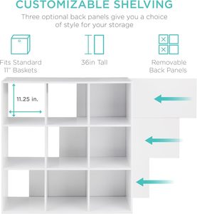 Organizador de almacenamiento de madera de 9 cubos con apertura de estante, <span class=keywords><strong>3</strong></span> paneles traseros extraíbles, librería de MDF personalizable, muebles de sala de estar - Product Image 4