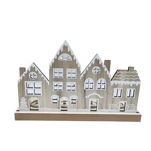 New Design Wooden Christmas Decoration Wholesale Wooden Village House with Glass Candlestick Ornament Xmas Home Supplies