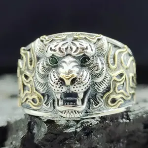 S925 sterling silver fashion animal tiger men domineering tiger head adjustable ring jewelry