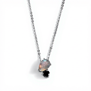 Collar de Plata de Ley 925 con Labradorita y Obsidiana Negra, Colgante Toi Et Moi con Corte de Pera Natural, Estilo Moderno y Minimalista para Mujer - Product Image 2
