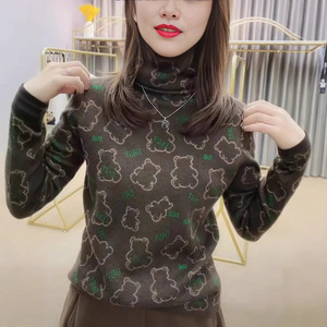 Women's High Neck Knit Top Brown Bear Pattern Long Sleeve Soft Warm Base Layer Shirt For Middle Aged Mothers - Product Image 1