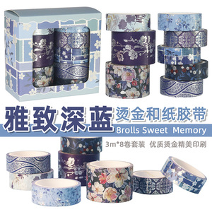 เทปวาชิลายดอกไม้สีน้ำเงินเข้ม 4 เมตร สำหรับตกแต่งสมุดบันทึก อุปกรณ์งานฝีมือ สไตล์เรโทร - Product Image 5