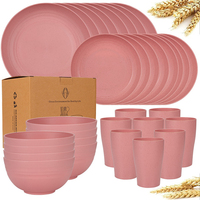 Aangepaste Logo Bulk 32-delige Roze Wheat Straw Serviesset Magnetron- en Vaatwasmachinebestendig Camping Borden Schalen Bekers