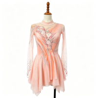 Robe de patinage artistique rose clair pour enfants et adultes, en maille à manches longues, avec strass et découpes florales au dos, pour compétition et spectacle