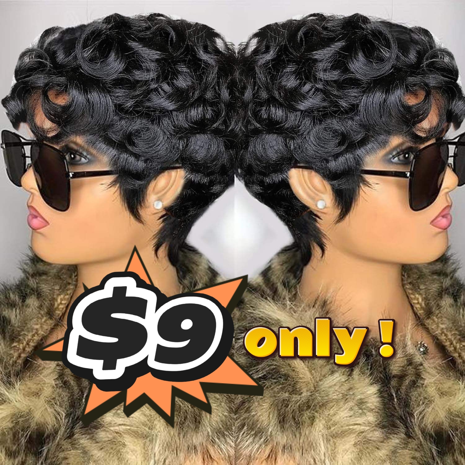 9 $ fabriqué à la machine 1# perruque courte pixie
