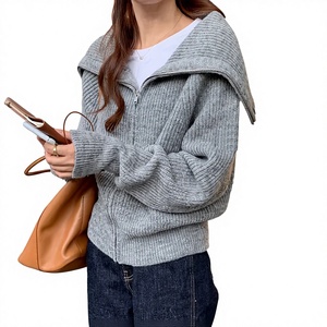 紫色翻领拉链针织马海毛开衫女式秋季休闲挂脖系带柔软毛衣外套海军领上衣 - Product Image 1