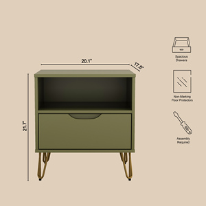 Olive Green Nightstand With Drawer And <b>Open</b> Shelf Metal Legs Modern Design - Product Image 5