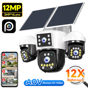Cámara de Seguridad PTZ Solar de 12MP con 4 Lentes, Grabación 24/7, Resistente al Agua IP66, Visión Nocturna a Todo Color, Detección de Movimiento, Cámara para Exteriores - Product Image 1
