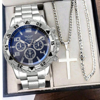 Montre Homme Décontractée en Acier à Succès, Mode en Alliage, Cadran Quartz 44 mm, Nouveau Set Collier Quartz à Trois Yeux