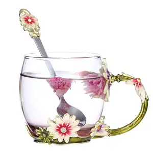 चाय का प्याला गिलास Oem दौर तामचीनी फूल के बर्तन गिलास कॉफी मग उपहार ग्लास मग