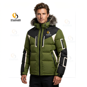 Veste de ski pour homme, vert olive, coupe-vent, matelassée, chaude, style streetwear, fermeture éclair, poches, capuche en fourrure - Product Image 2
