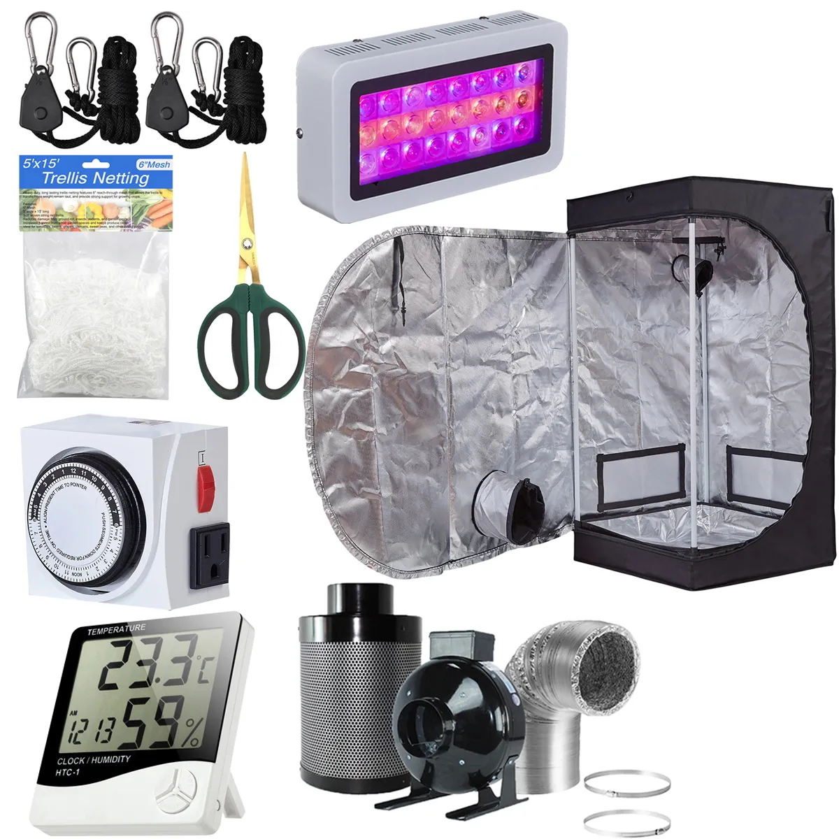 24''x24''x48'' Grow Tent + 4'' Fan Filter Combo + 300W LED Light + Hydroponic Accessories Indoor Plant Grow Tent Complete Kit
