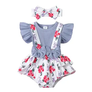 女婴连衣裙种类衣服罗纹婴儿服装印花罗纹褶边短袖仿-两件罗纹套装2件