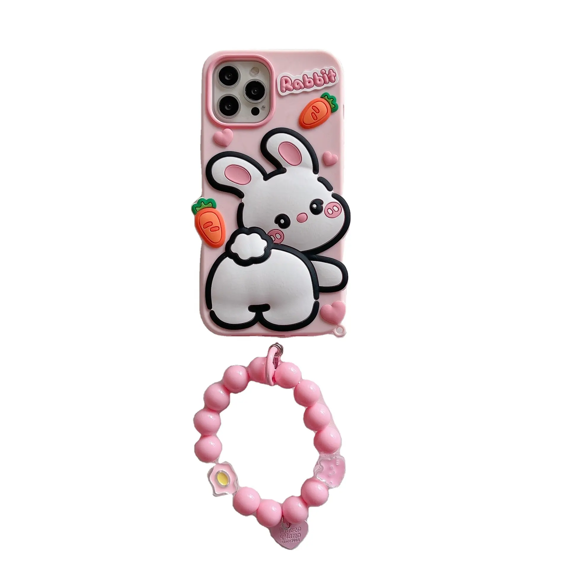 Cartoon Cute Carrot Rabbit Cell Phone Case With Bead Chain Silicone Shockproof back cover For iPhone 11 12 13 14 Pro Max