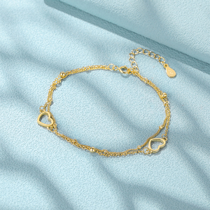 Pulsera CANNER Simple S925 de Plata de Ley con Doble Corazón y Cadena Rollo Chapada en Oro de 14k/18k, Regalo para Chicas - Product Image 3