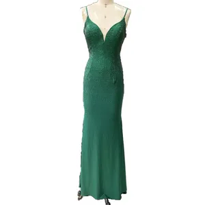 Emerald Green backless Cocktail sleeveless rhinestone V neck stretch jersey fitted Dinner Party Lady prom evening dress