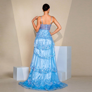 Vestido de Noche Elegante Azul Claro con Lentejuelas para Mujer, Vestido de <span class=keywords><strong>Fiesta</strong></span> Sirena con Tirantes Finos y Corsé, con Abertura Alta - Product Image 5