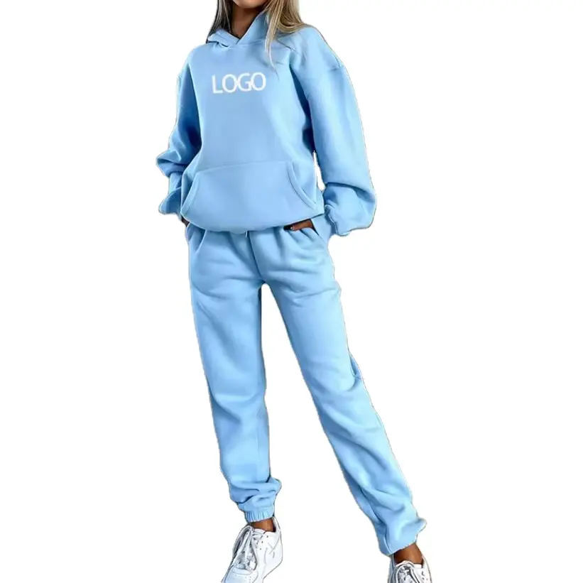 Custom Puff Printing Unisex Jogger Set Fleece Terry Blue Hoodies And Elastic Bottoms Sweatpants And Hoodie Set Women