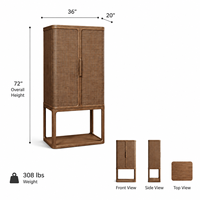 Armoire moderne en rotin à 2 portes avec étagère inférieure ouverte, armoire haute en bois pour chambre à coucher, salon, entrée et mobilier de maison