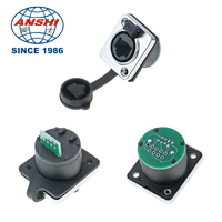 Soket Panel Mount RJ45 Ethernet 8-Pole Tipe D Tahan Air Industri, Berlapis Emas Tembaga, untuk PCB Soldering dengan Pelindung Debu