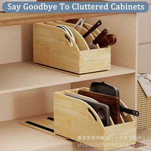 Wooden Kitchen Storage Box With Sliding Tray For <b>Pot</b> <b>Lid</b> Cutting Board Organizer Cabinet Drawer Organizer Rectangle Shape - Product Image 2