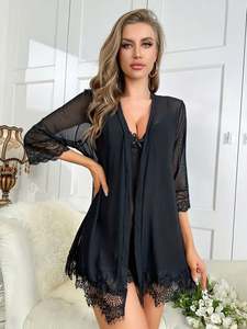 SFY2900 Camisón Sexy de Encaje de Alta Calidad para Mujer, Conjunto de Dos Piezas de Malla Transparente, Lencería Sexy para Mujer - Product Image 3