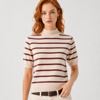 Suéter de punto a rayas para mujer, diseño personalizado ODM OEM, color crema y burdeos, cuello corto, tejido acanalado, venta al por mayor de fábrica.