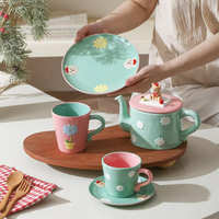 Assiette et service à thé en céramique en forme d'ours en peluche, figurine 3D, imprimé floral coloré, vaisselle en porcelaine pour cadeau