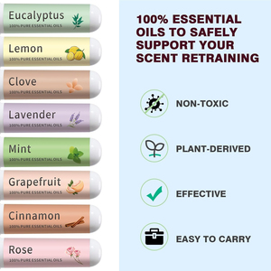 Set di Inalatori Nasali - 8 Oli Essenziali per Terapia e Allenamento Olfattivo con Limone, Chiodi di Garofano, Eucalipto, Rosa - Naturale - Product Image 4